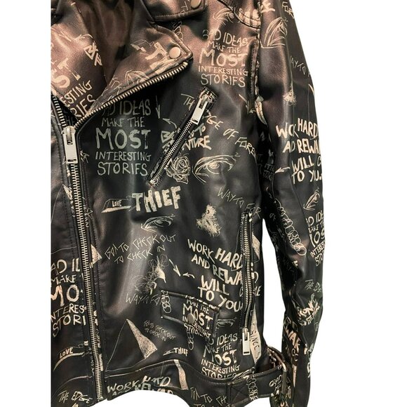 Rare ZARA Womens XL Black Faux Leather Graphic Graffiti Biker Jacket with Zipper - Picture 2 of 11